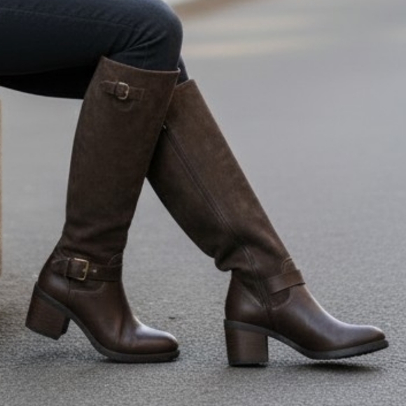 Jessica Simpson Shoes - Jessica Simpson Niagara Brown Mixed Suede Knee-High Riding Boots Sz 7 Block Heel